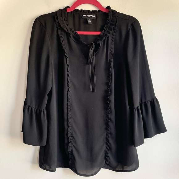 Karl Lagerfeld Tops - Karl Lagerfeld Paris Black Ruffle Trim Blouse